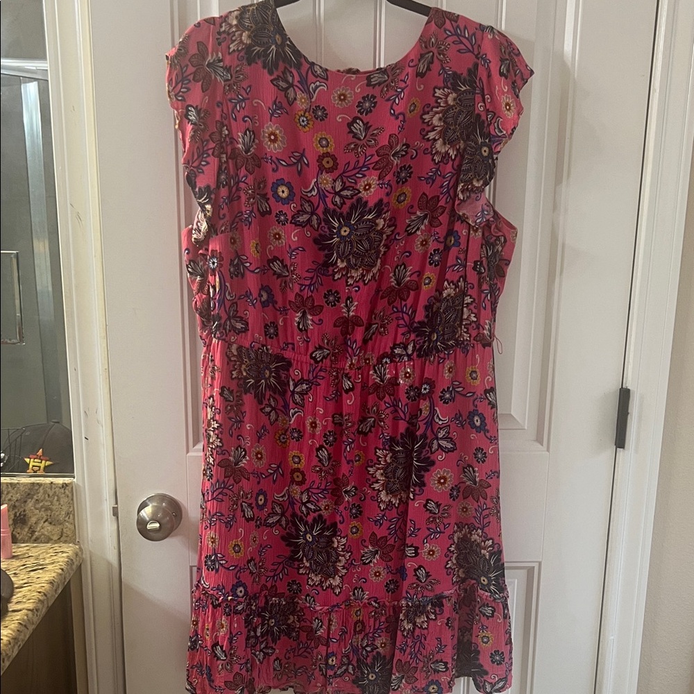 LOFT Vibrant Pink Floral Dress with Ruffle Detail